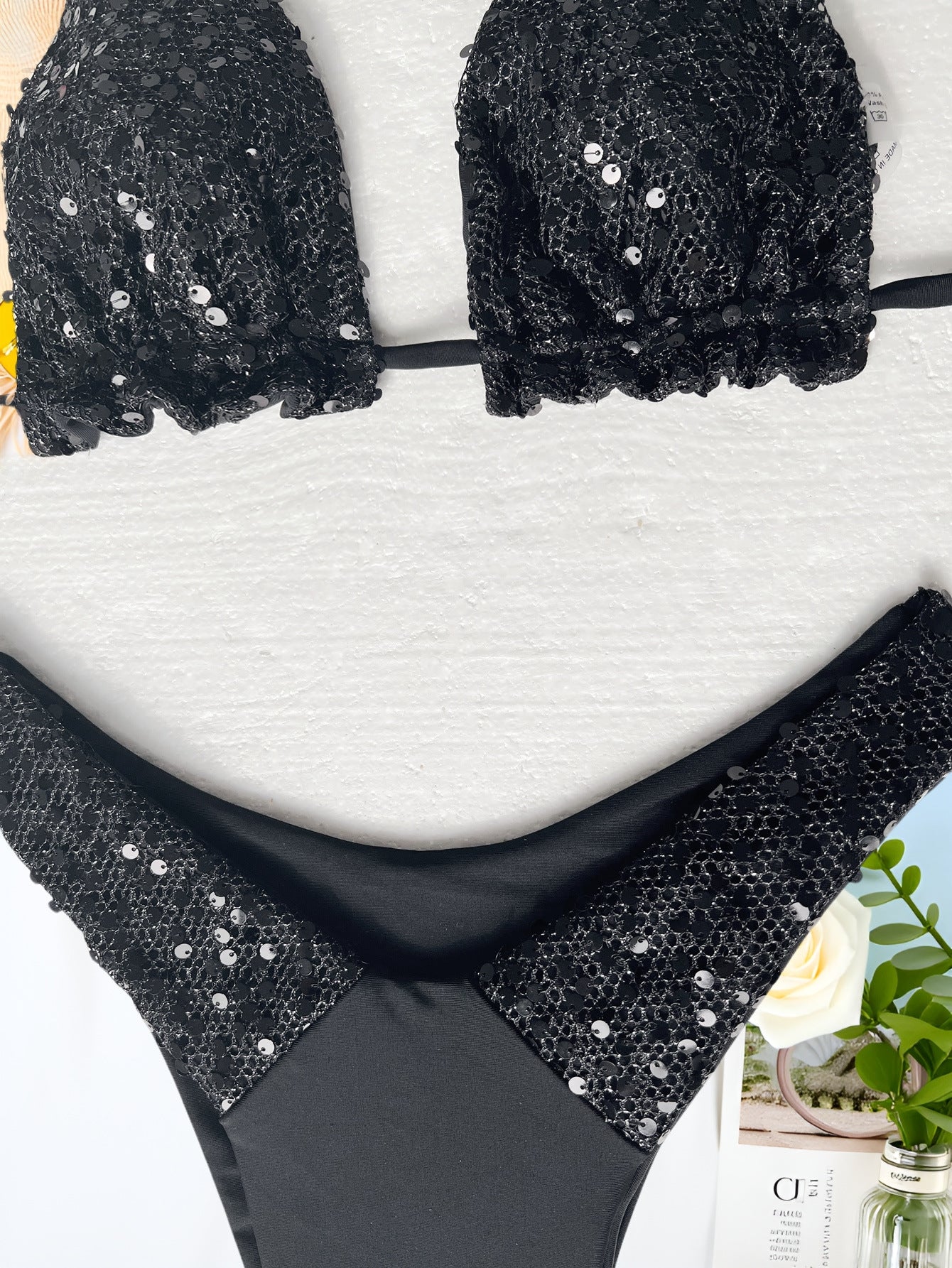 Bikini Double Bikini Solid Color Swimsuit Sexy Swimming Women Sequined Swimsuit Strap Bikini - kinko Global Holdings inc