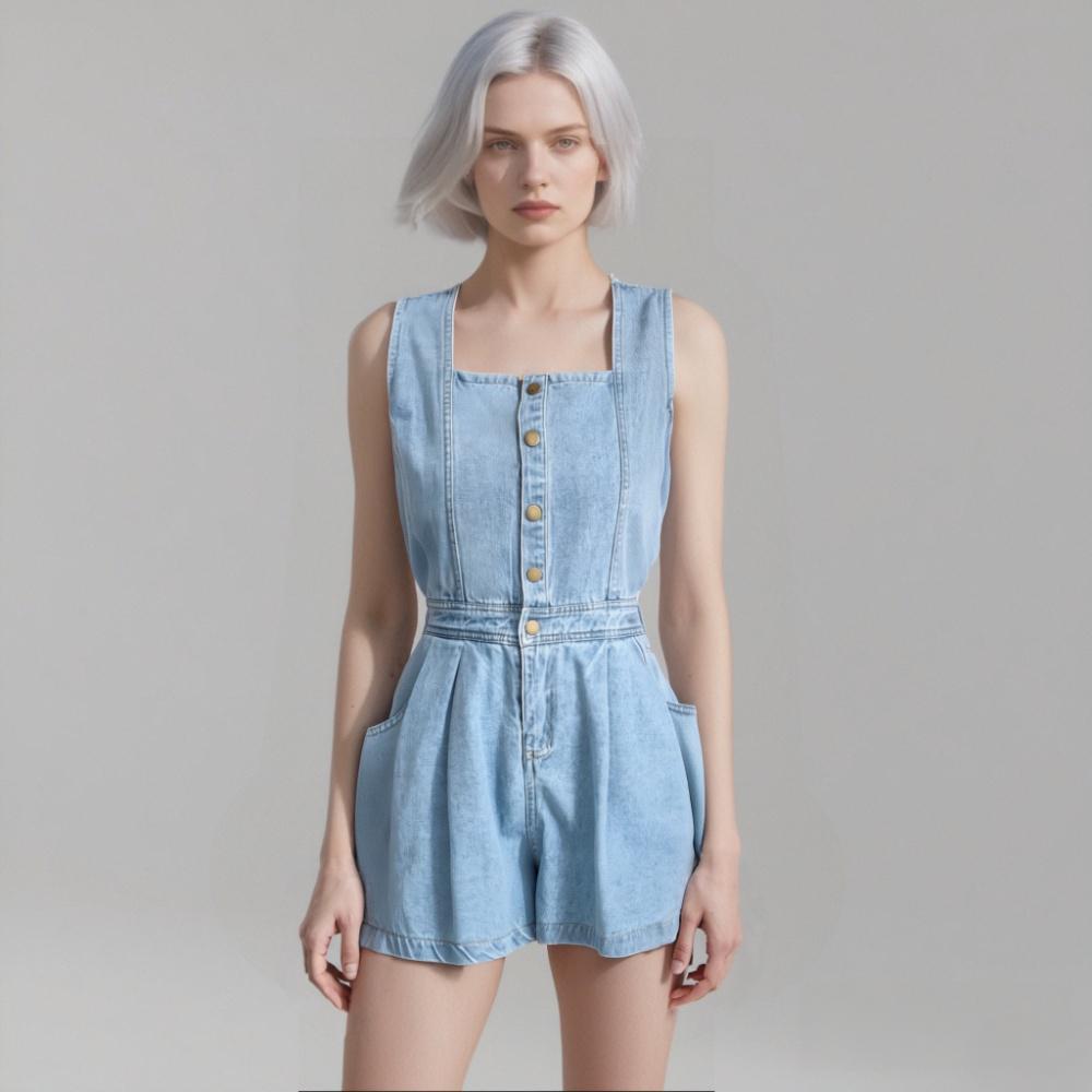 Hot Girl Strap Denim Jumpsuit Women's Back Slit Single-breasted High Waist Wide Leg Pants - kinko