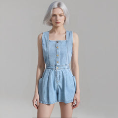 Hot Girl Strap Denim Jumpsuit Women's Back Slit Single-breasted High Waist Wide Leg Pants - kinko