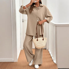 Women's Solid Color Shirt & Pants Set - Long Sleeve Button-Down Top With Elastic Waist Straight Pants Minimalist Casual Outfit - kinko