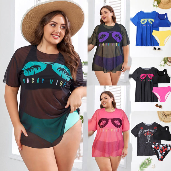 Neue Bademode Mesh Durchsichtige Bluse Plus Size Badeanzug Bikini Dreiteiliges Set