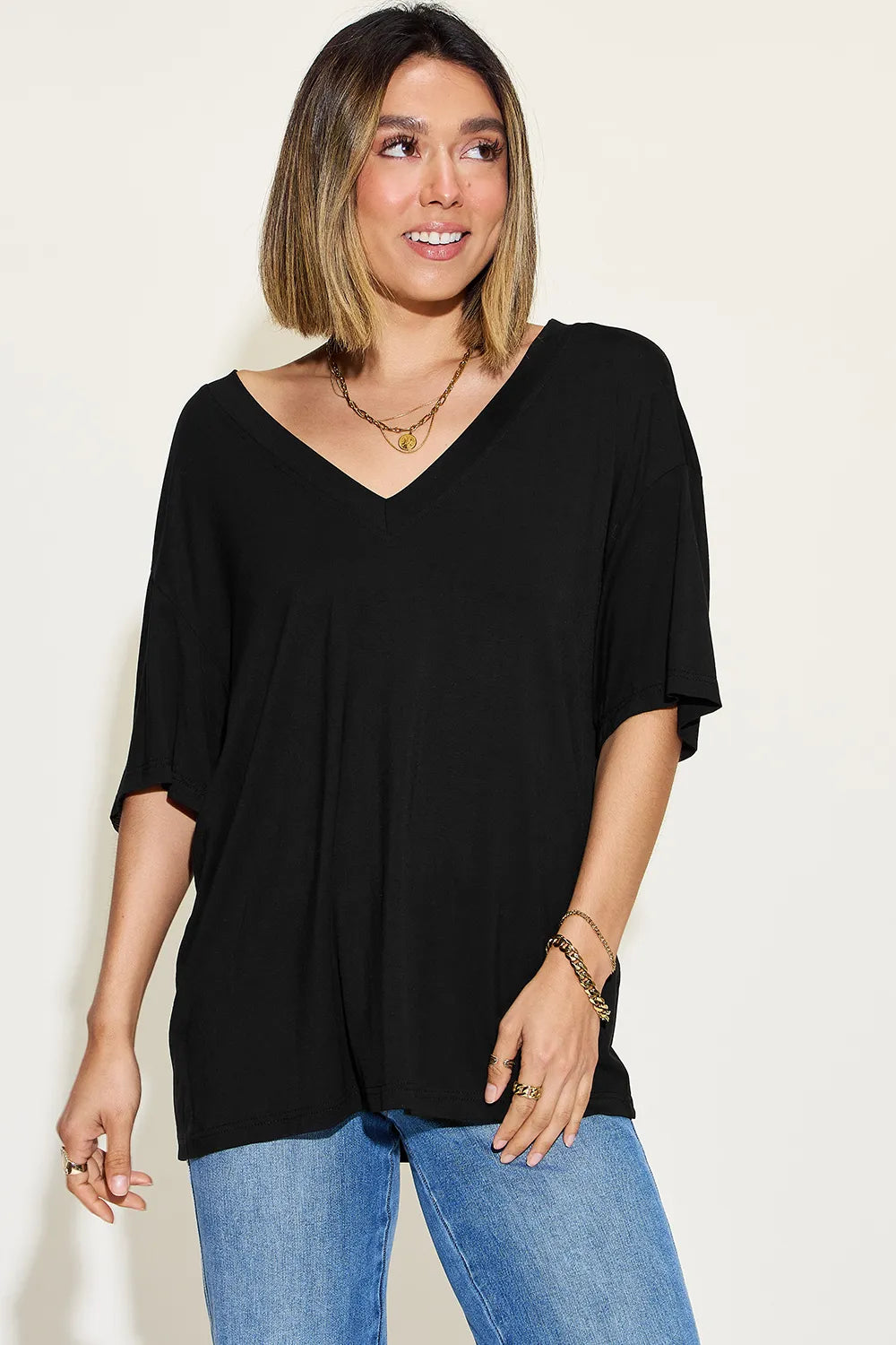 Basic Bae Full Size Bamboo V-Neck Drop Shoulder T-Shirt - kinko
