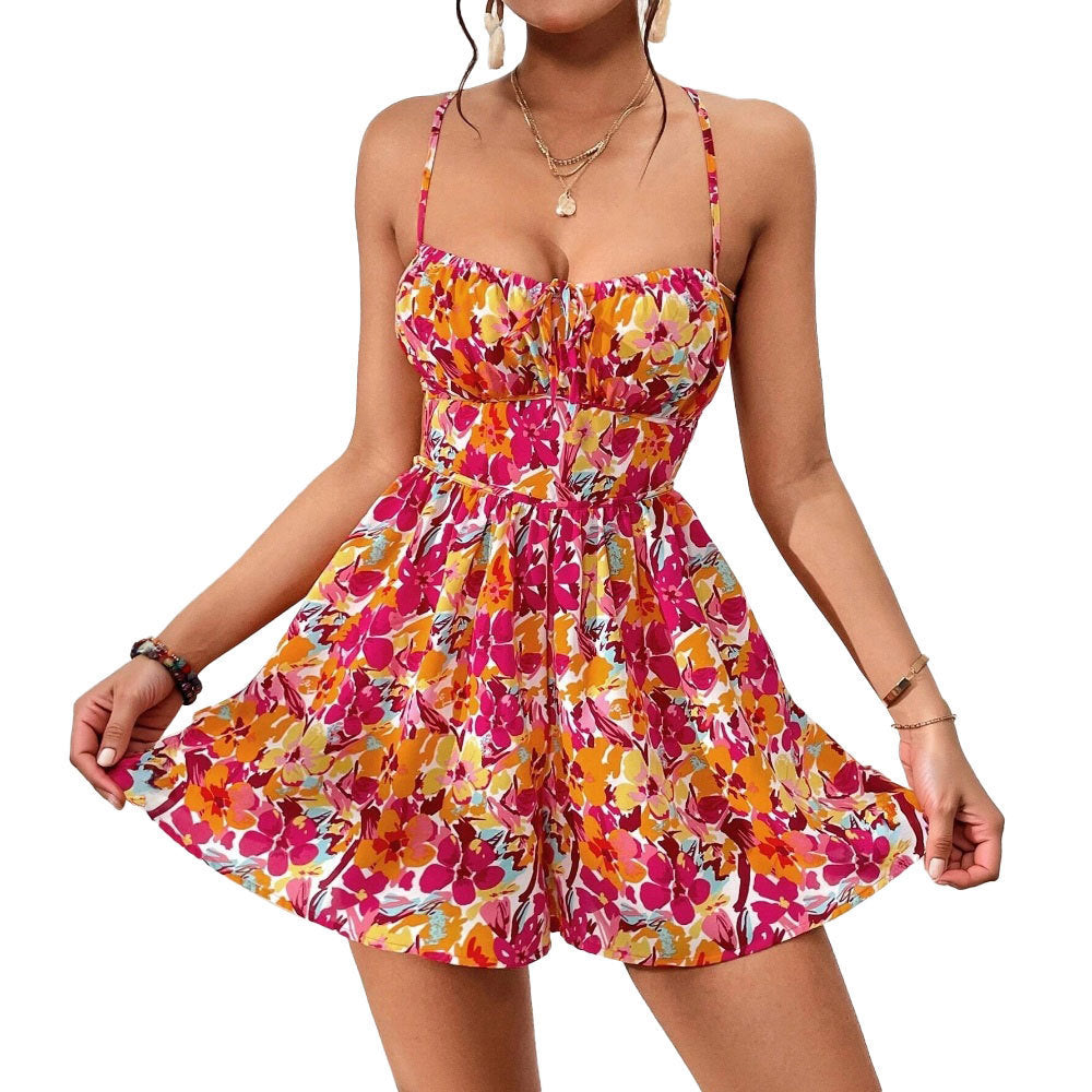 Women's Floral Print Dress Summer Lace-up Back Seaside Holiday Short Dresses - kinko