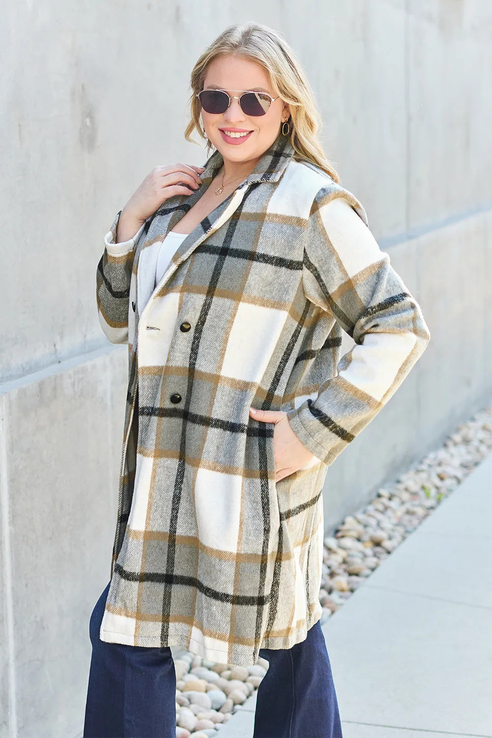 Double Take Full Size Plaid Button Up Lapel Collar Coat - kinko