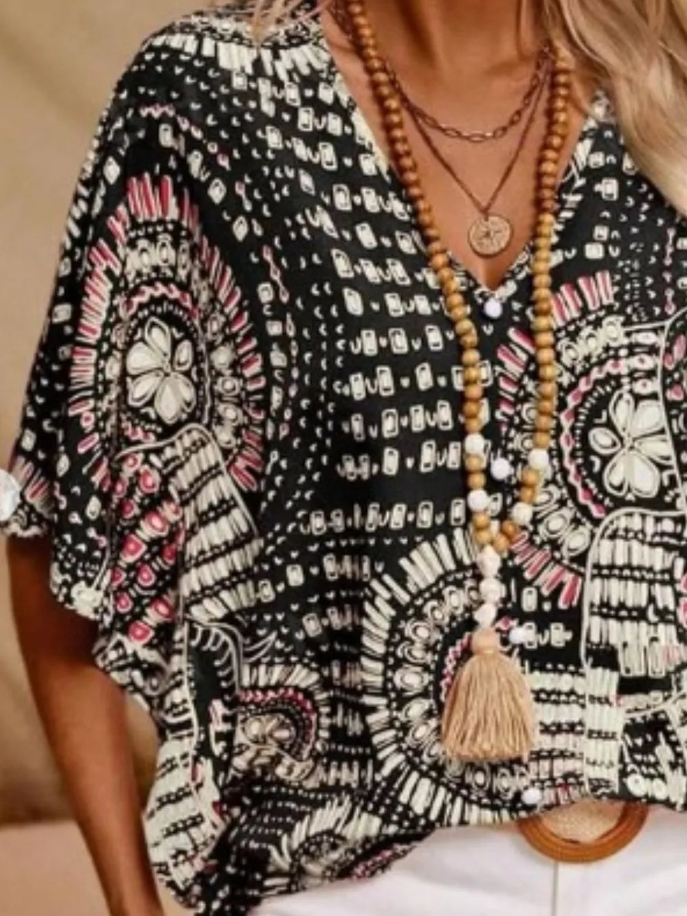 Printed V-Neck Half Sleeve Top - kinko