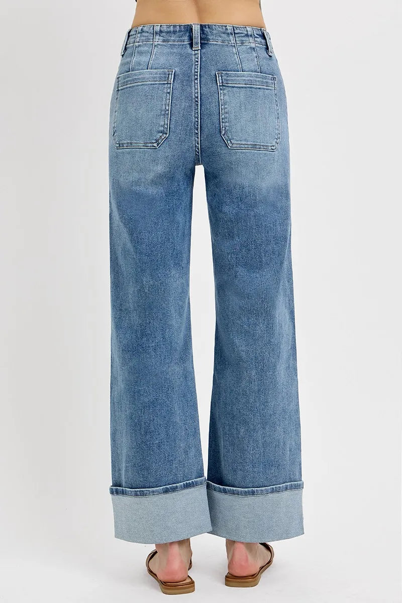 RISEN High Rise Ankle Wide Button Patch Pocket Cuffed Jeans - kinko