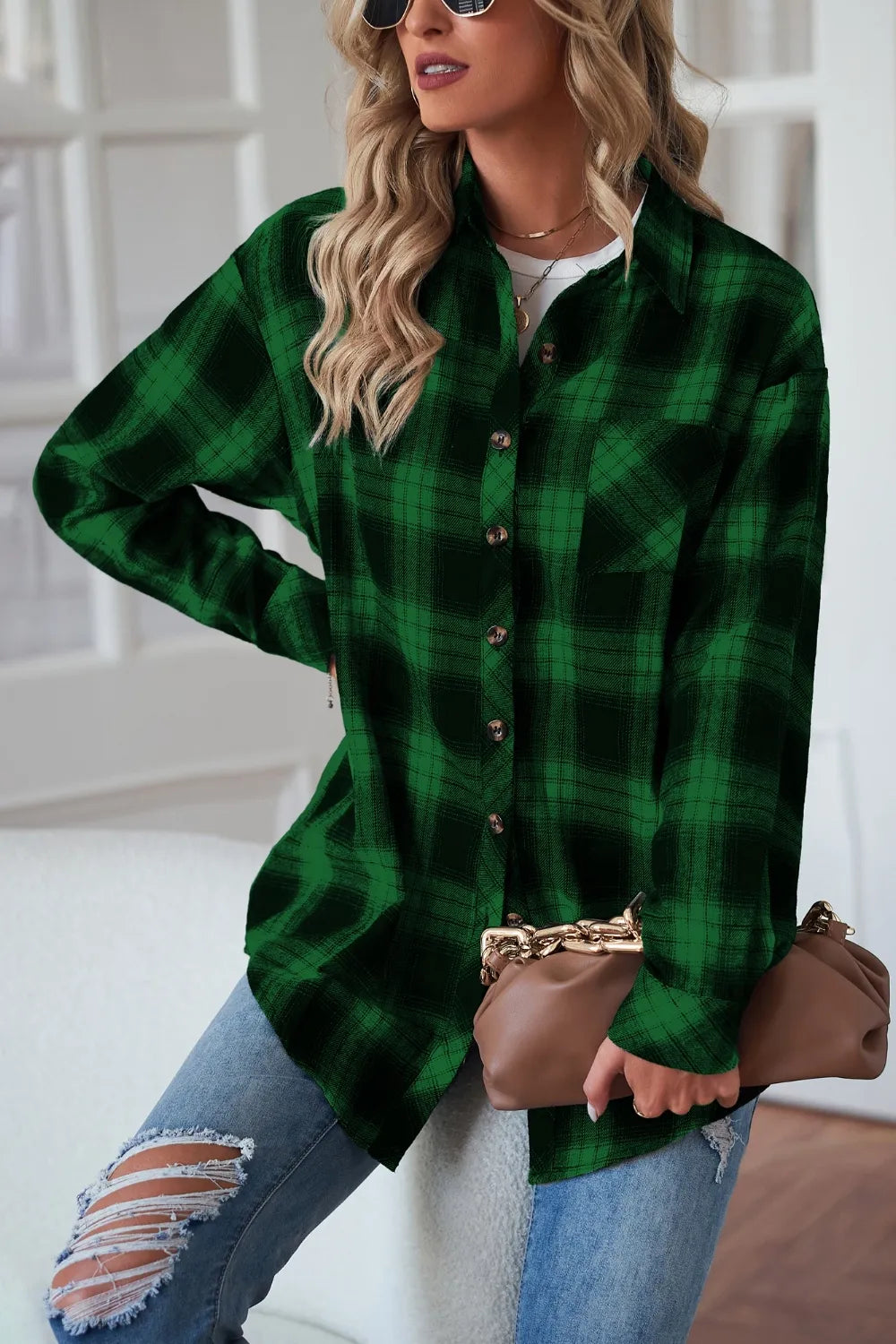 Plaid Button Up Dropped Shoulder Outerwear - kinko