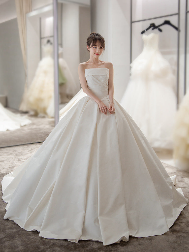 Women's Satin Tube Top Simple Elegant French Style Large Tail Elegant Wedding Dress - kinko