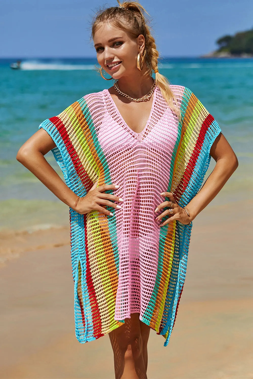 Angel Wings Openwork Striped Slit Knit Cover Up - kinko