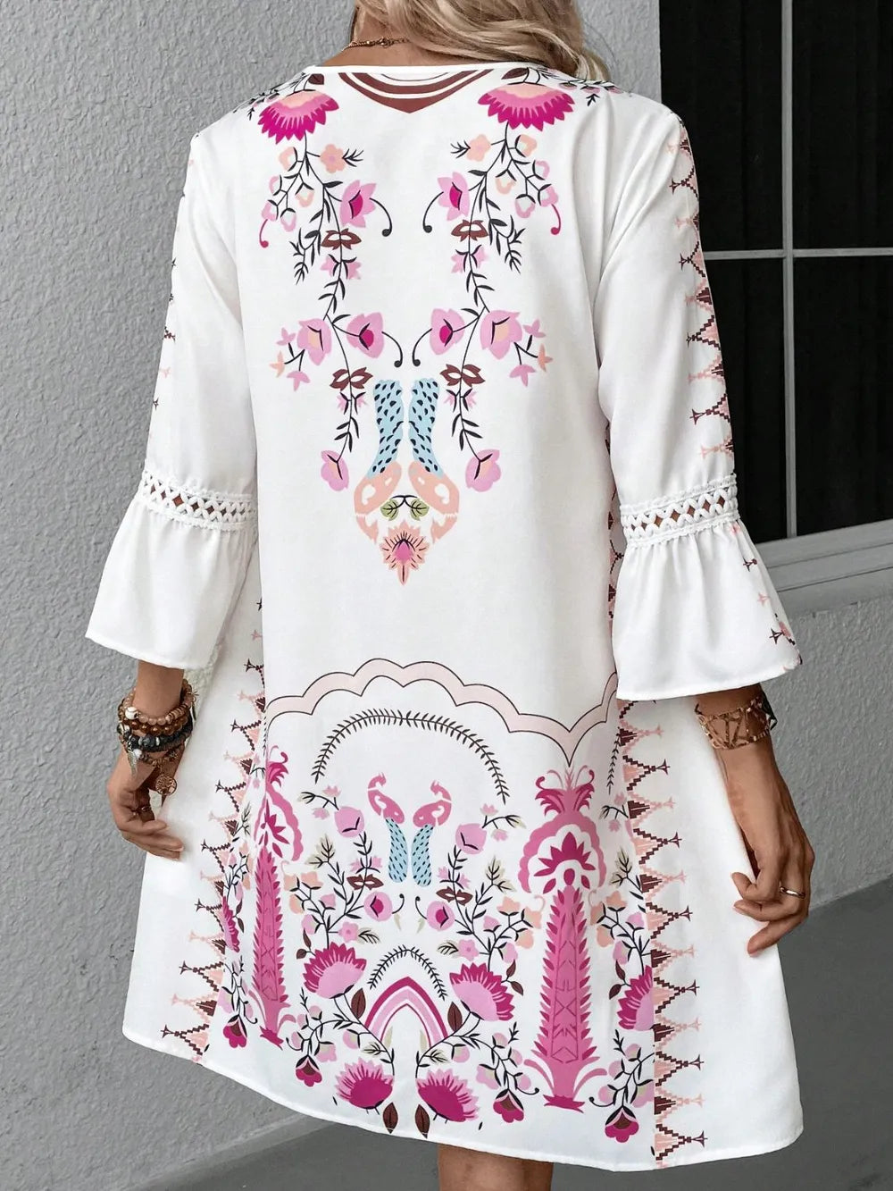 Lace Detail Printed Three-Quarter Sleeve Dress - kinko