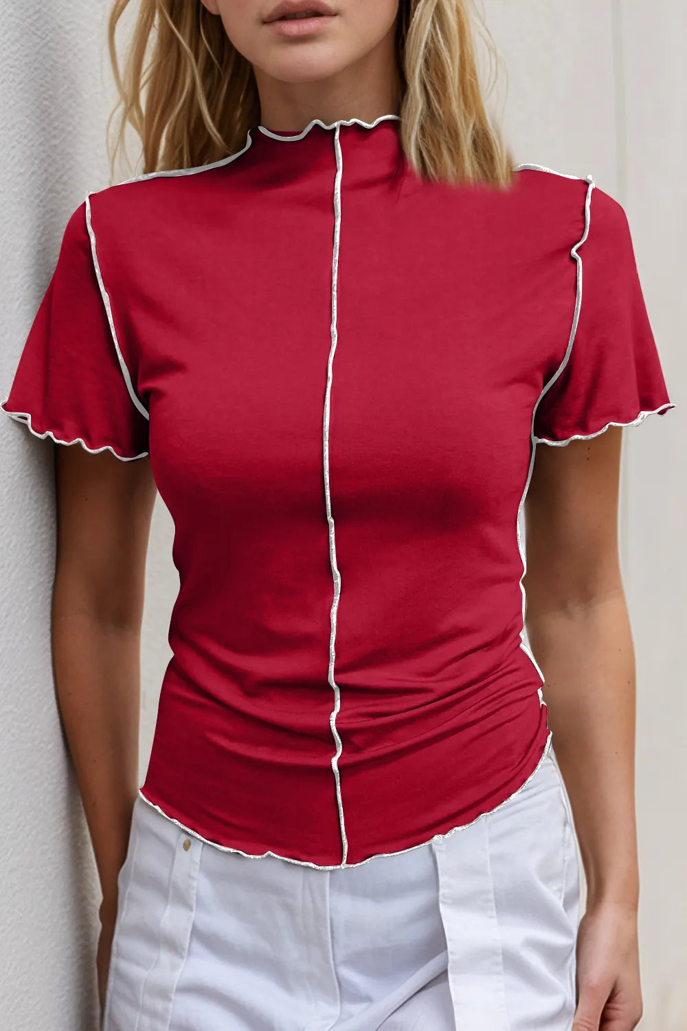 Basic Bae Contrast Trim Mock Neck Short Sleeve T-Shirt - kinko
