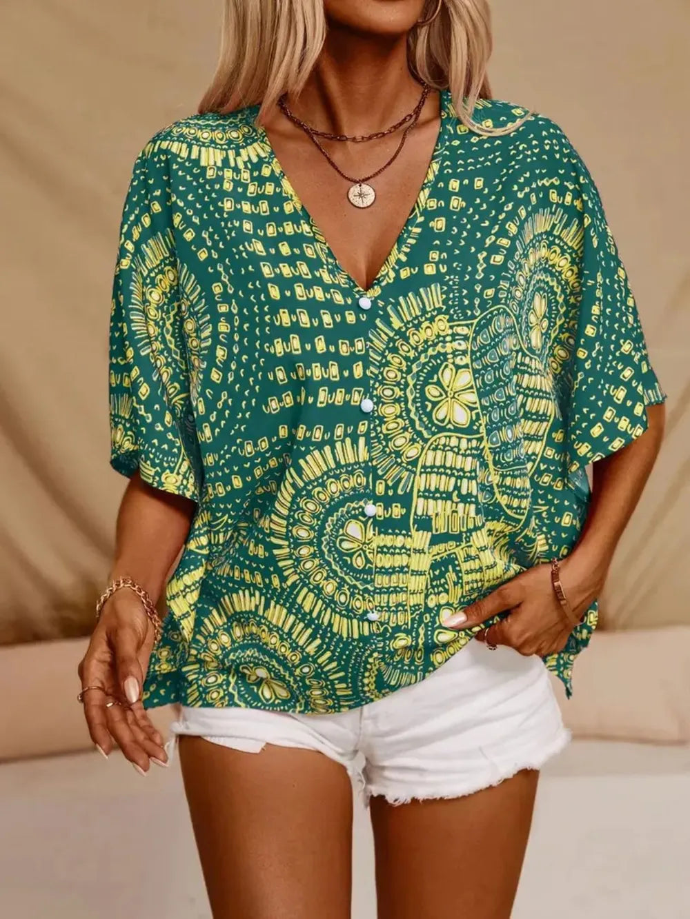 Printed V-Neck Half Sleeve Top - kinko