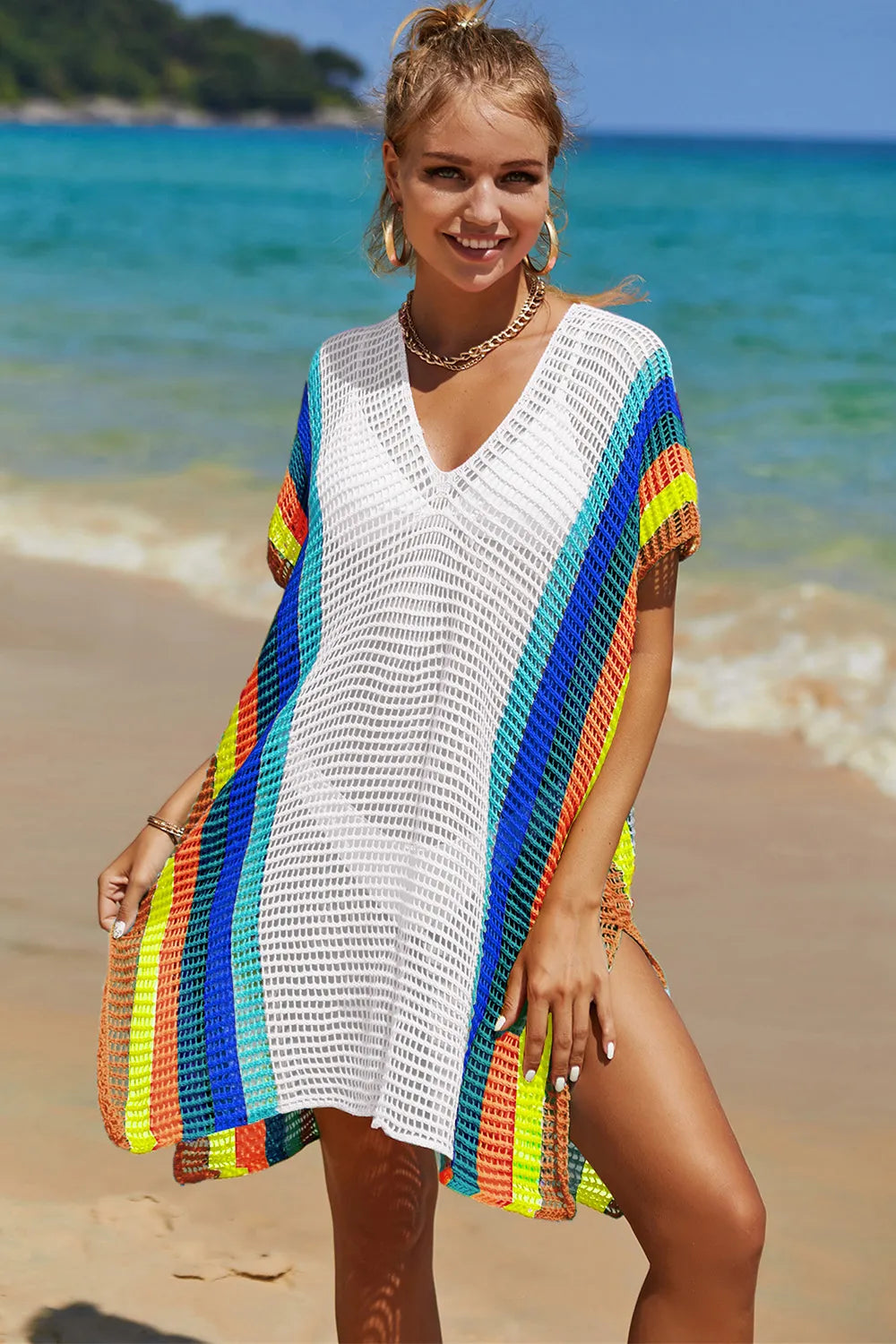Angel Wings Openwork Striped Slit Knit Cover Up - kinko
