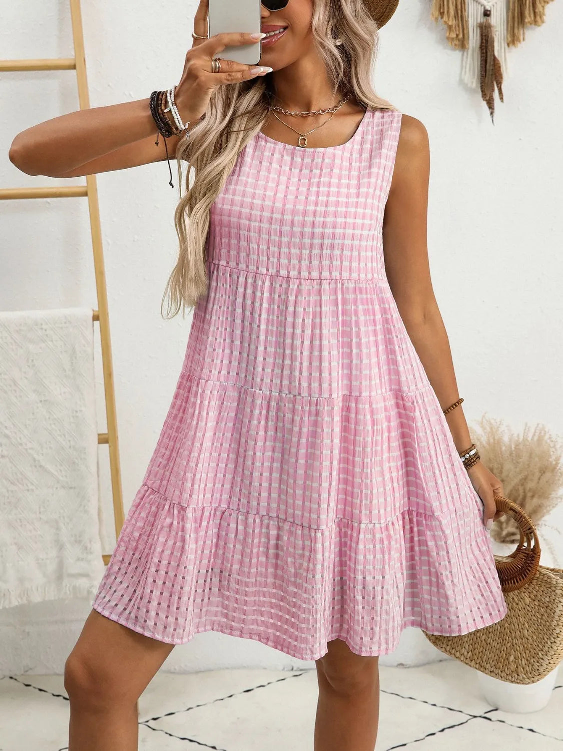 Plaid Round Neck Sleeveless Mini Dress - kinko