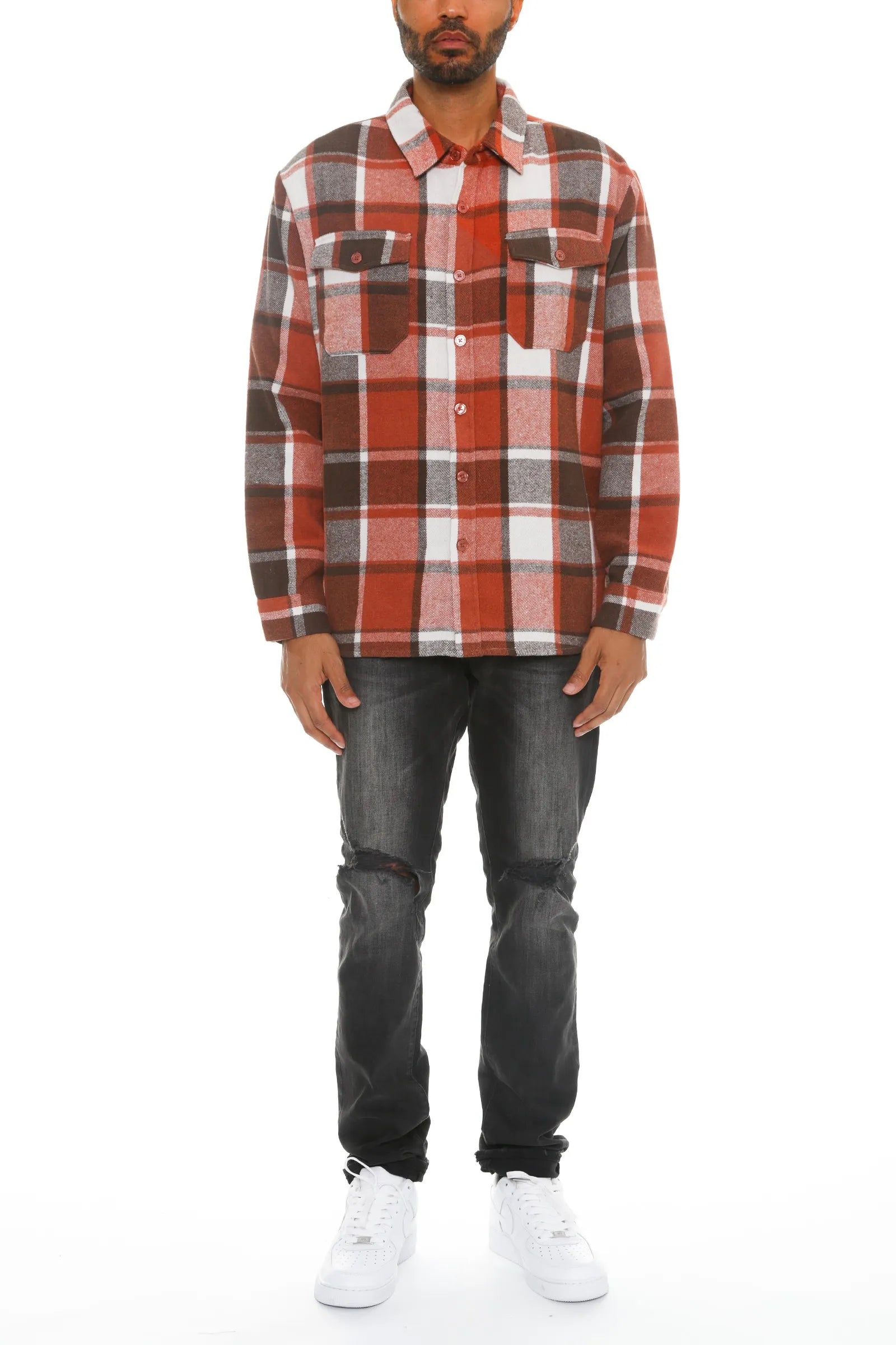 WEIV Men's Full Size Checkered Soft Flannel Shacket Plus Size - kinko