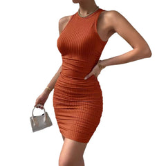 Sleeveless Round Neck Pleated Tight Elastic Short Skirt Party Hip Hugging Dress - kinko