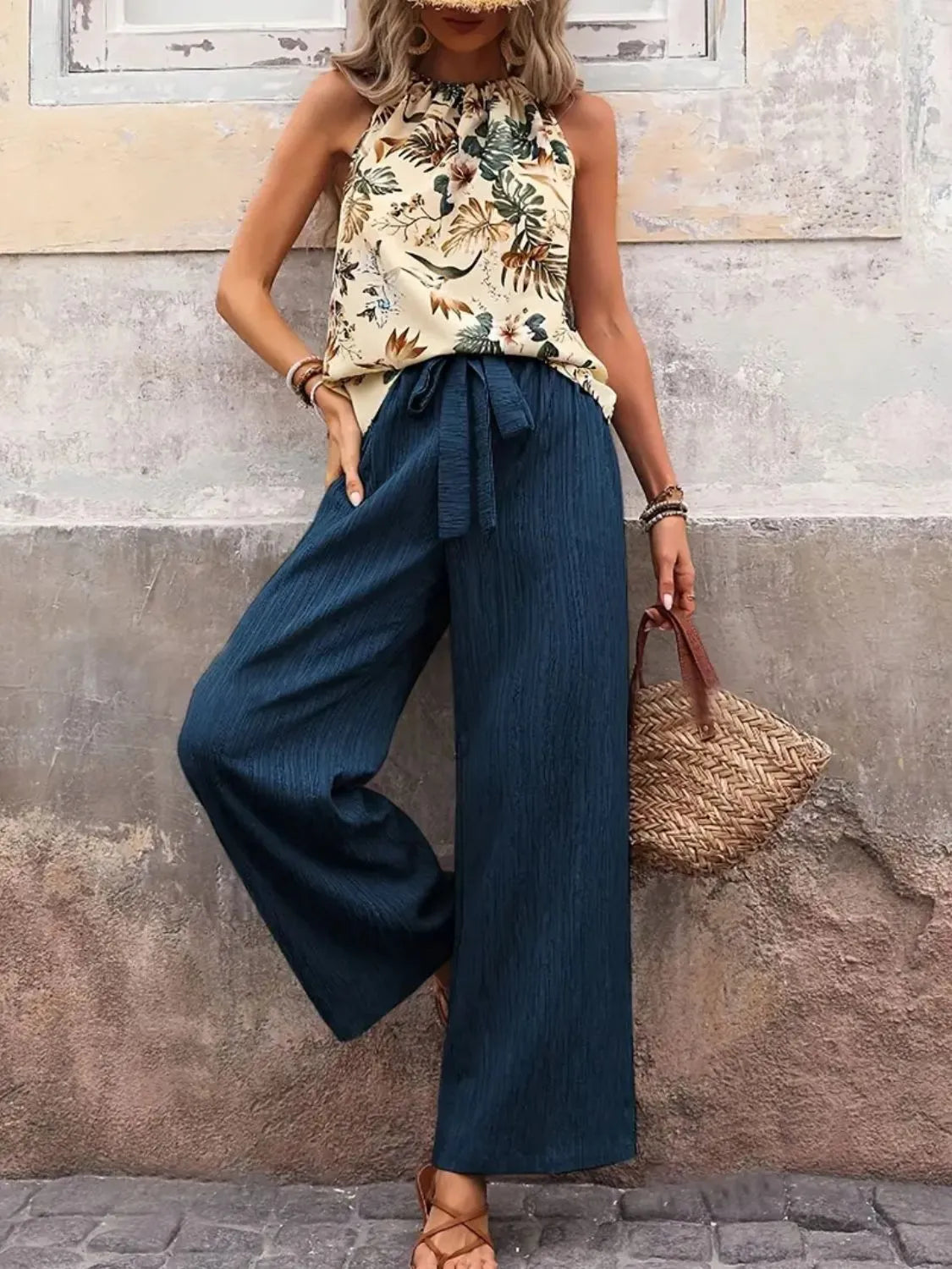 Printed Tank Top and Wide Leg Pants Set - kinko