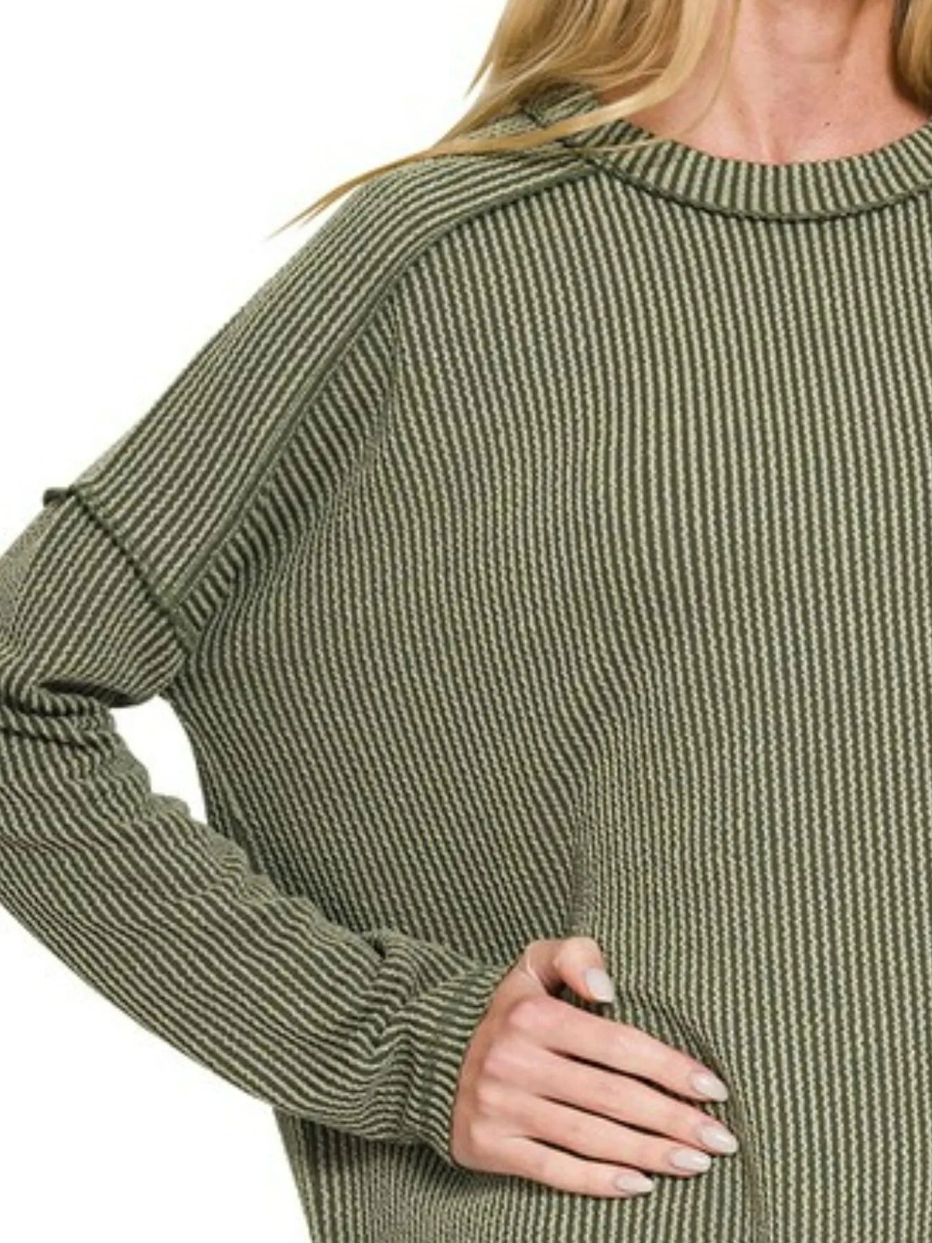 Zenana Full Size Exposed Seam Long Sleeve Corded Rib Knit Top Plus Size - kinko