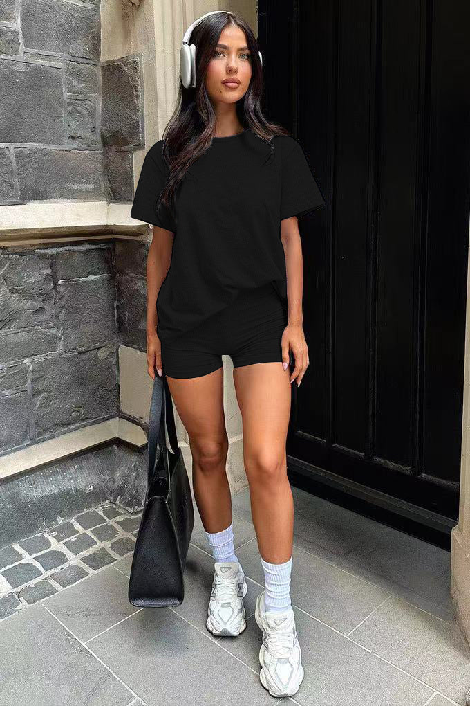 Three Piece Set, Round Neck Short Sleeved Top And Shorts And Pants Set, Sports And Casual Clothing - kinko