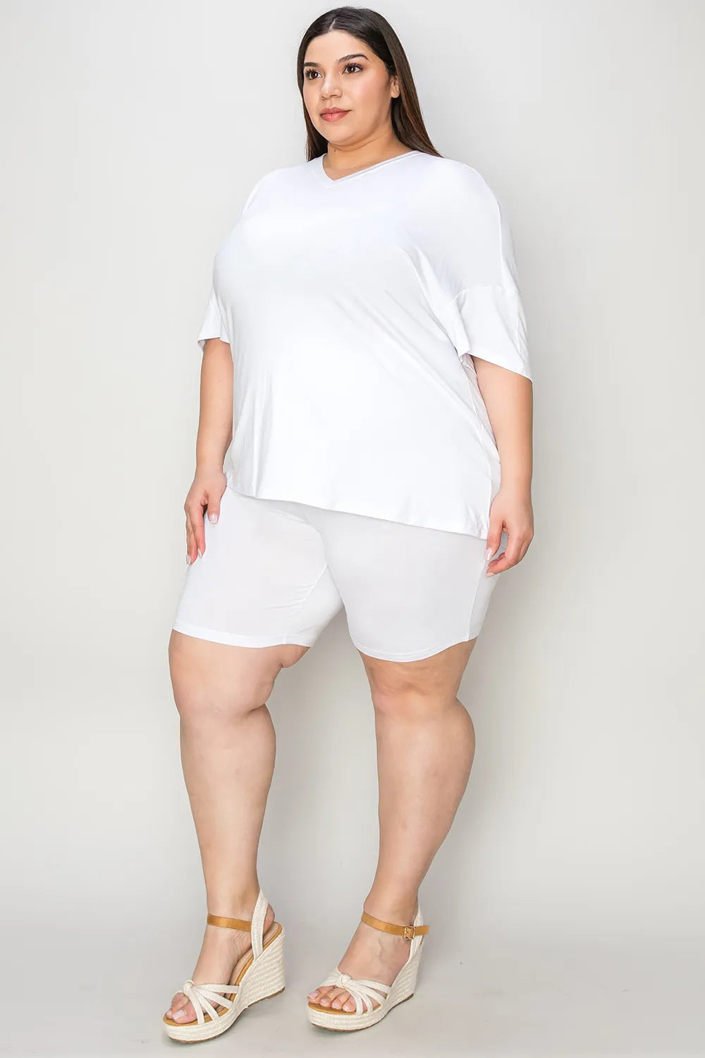 Basic Bae Bamboo Full Size V-Neck Drop Shoulder T-Shirt and Shorts Set - kinko
