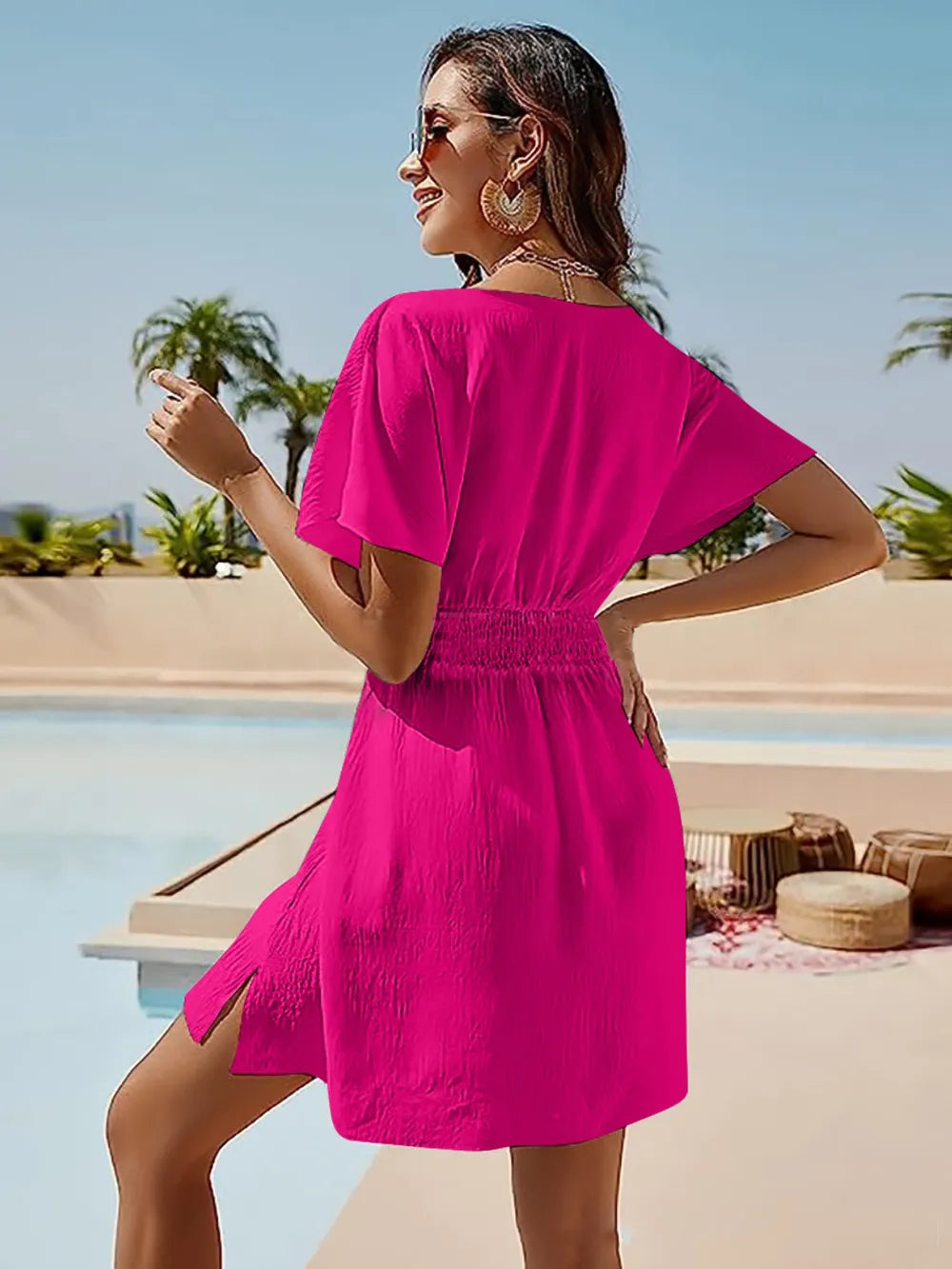 Smocked V-Neck Short Sleeve Dress - kinko
