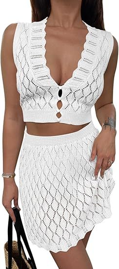 Saodimallsu Womens Two Piece Crochet Swimsuit Cover Ups Sleeveless V Neck Crop Tops Skirt Sets Beach Vacation Outfits - kinko