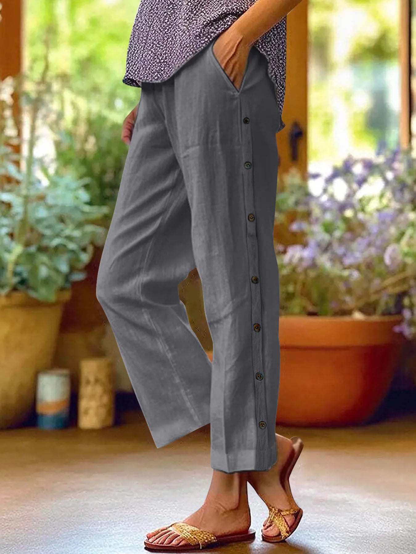 Full Size Side Decor Button Casual Wide Leg Pants Plus Size - kinko