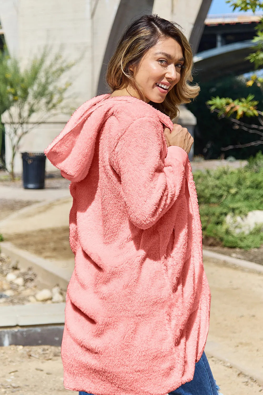 Double Take Full Size Hooded Teddy Bear Jacket with Thumbholes - kinko