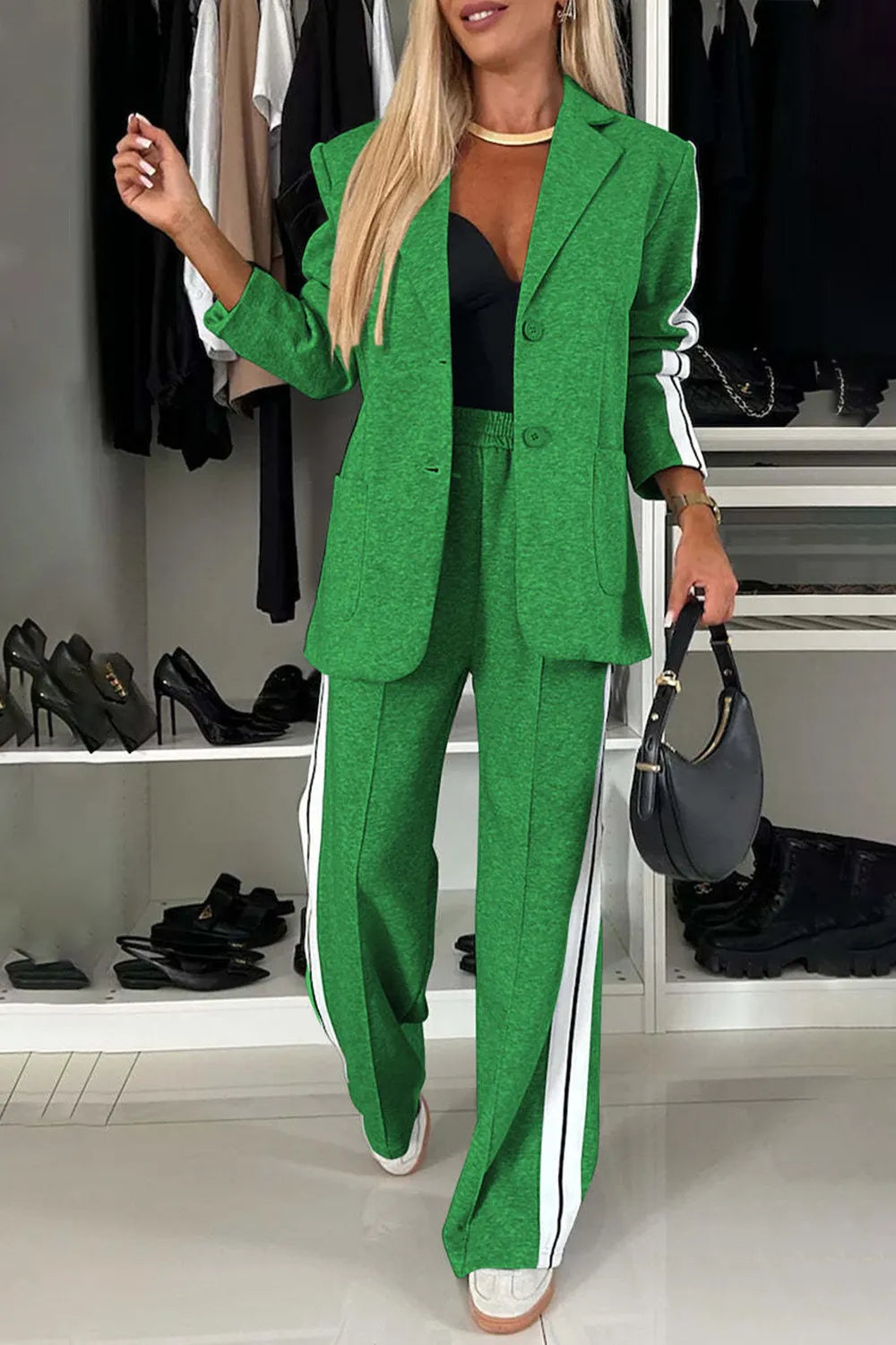 Full Size Contrast Lapel Collar Top and Pants Set - kinko