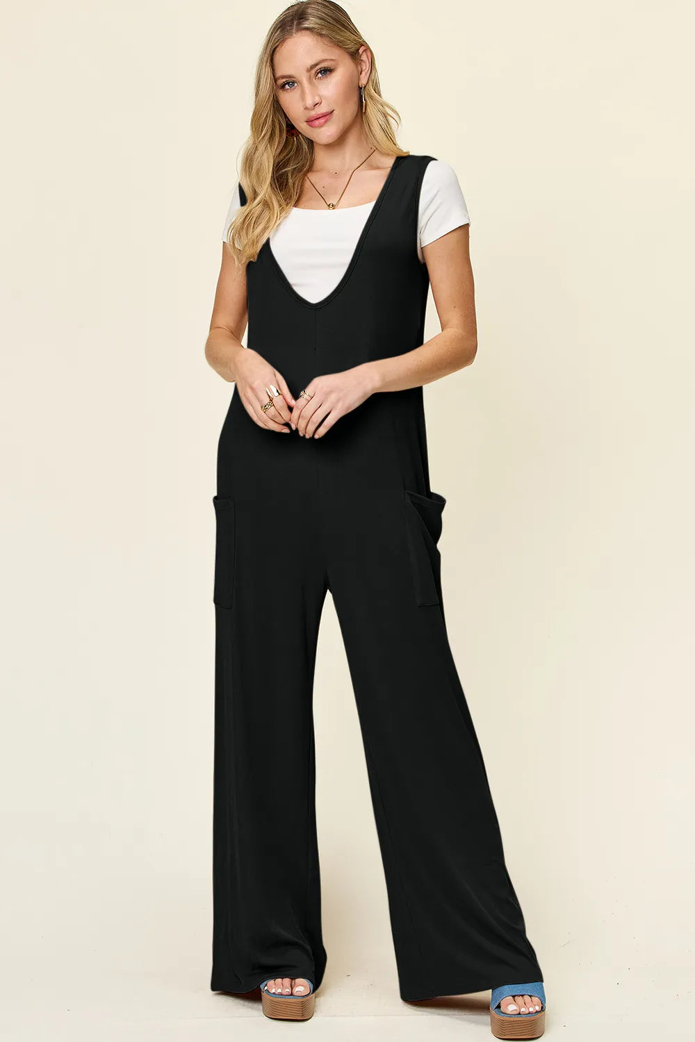 Double Take Full Size Sleeveless Wide Leg Jumpsuit with Pockets - kinko