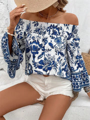 Smocked Printed Off-Shoulder Blouse - kinko