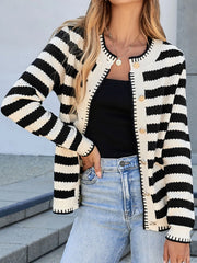 Button Down Striped Long Sleeve Cardigan - kinko