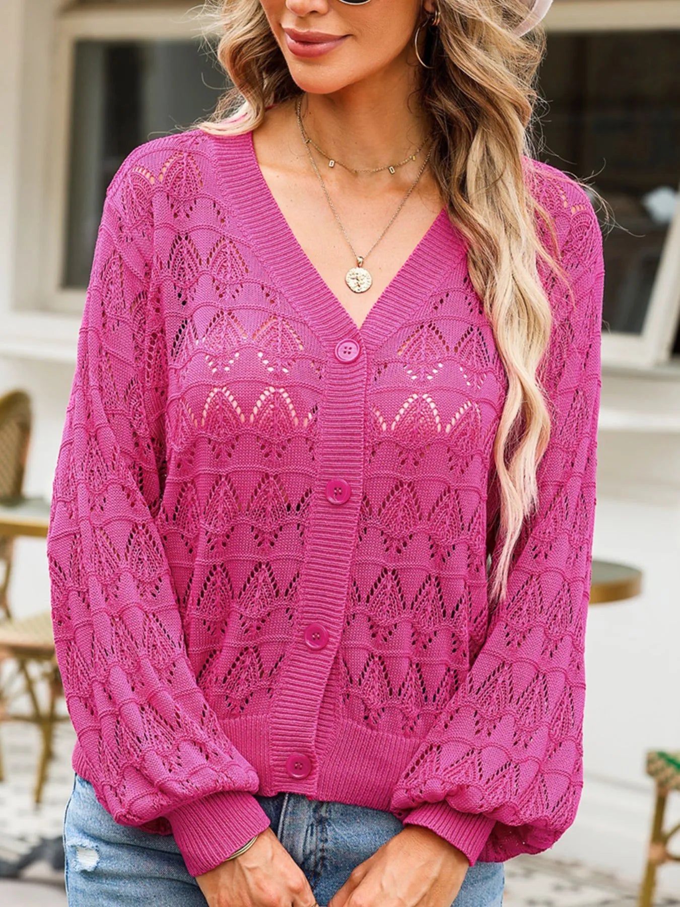 Buttoned Front Openwork Cardigan - kinko