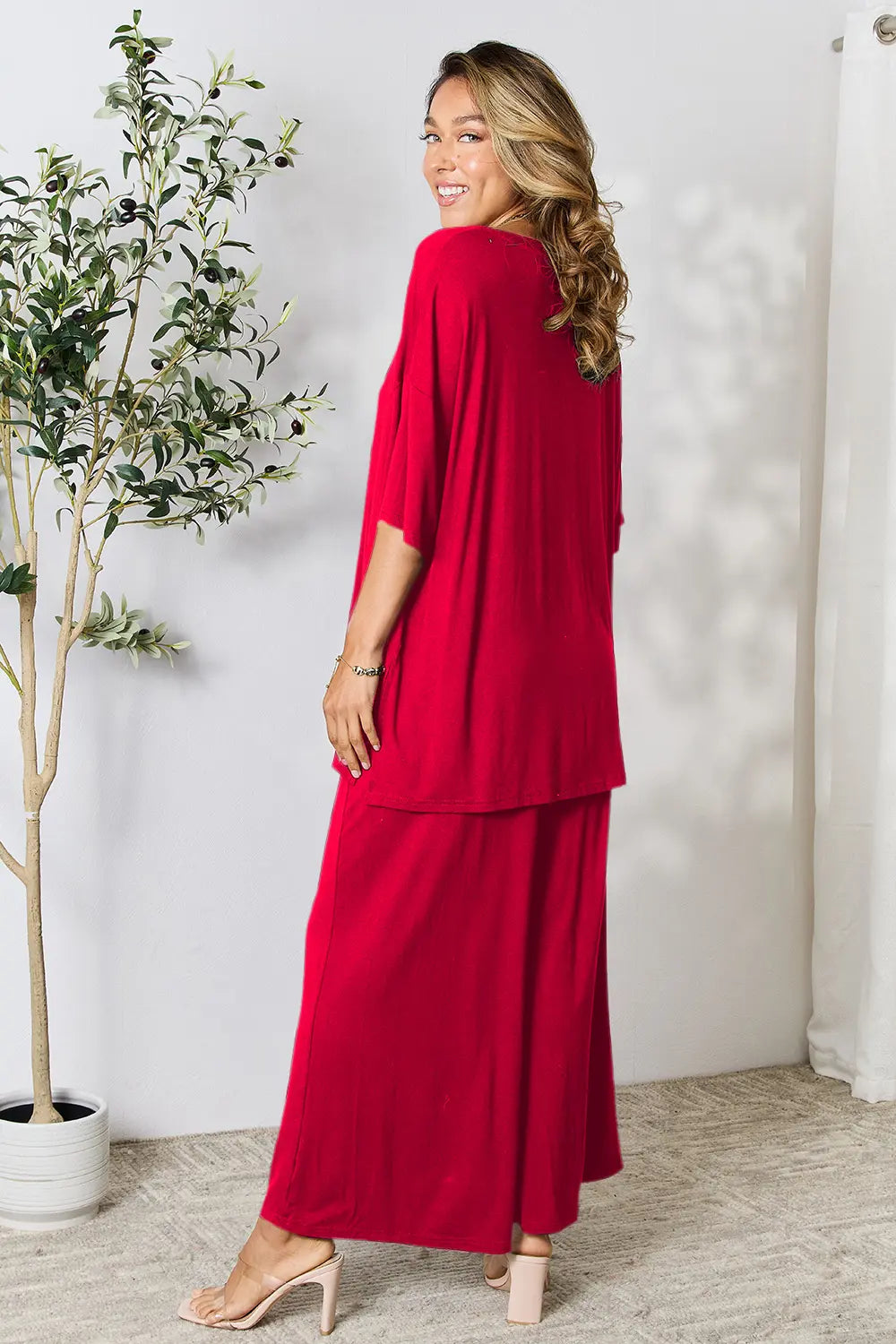 Double Take Full Size Round Neck Slit Top and Pants Set - kinko