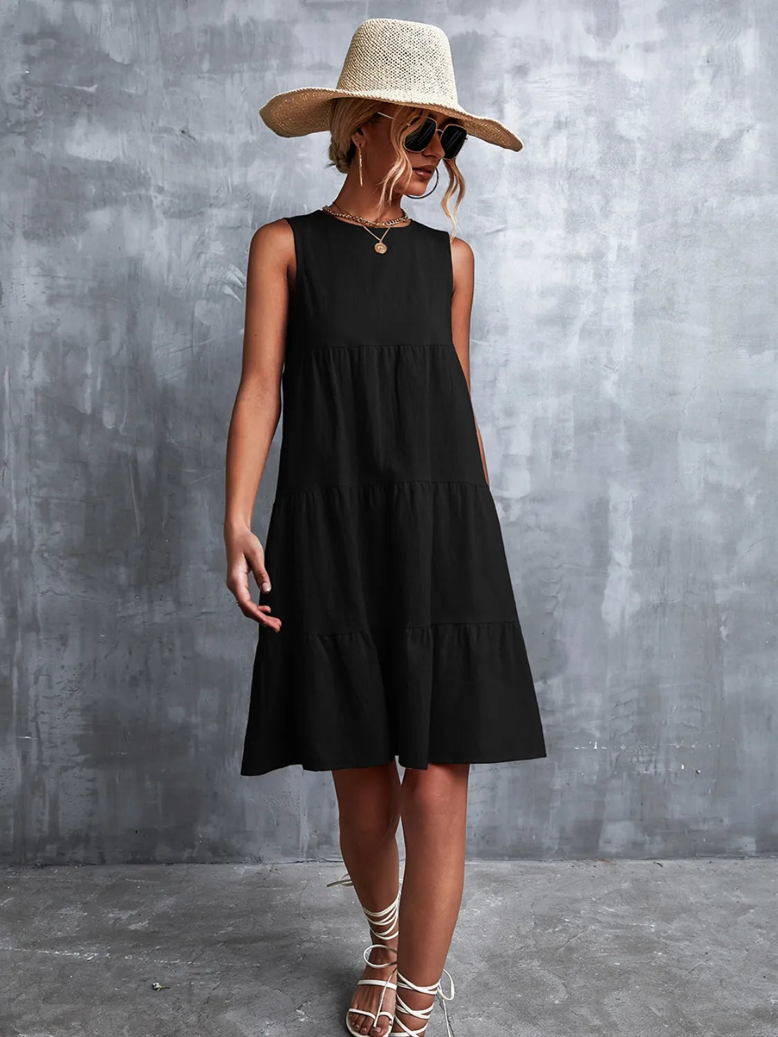 Tiered Round Neck Sleeveless Mini Tank Dress - kinko