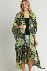 Umgee Satin Tropical Plant Print Open Front Kimono with Ruffle Details - kinko