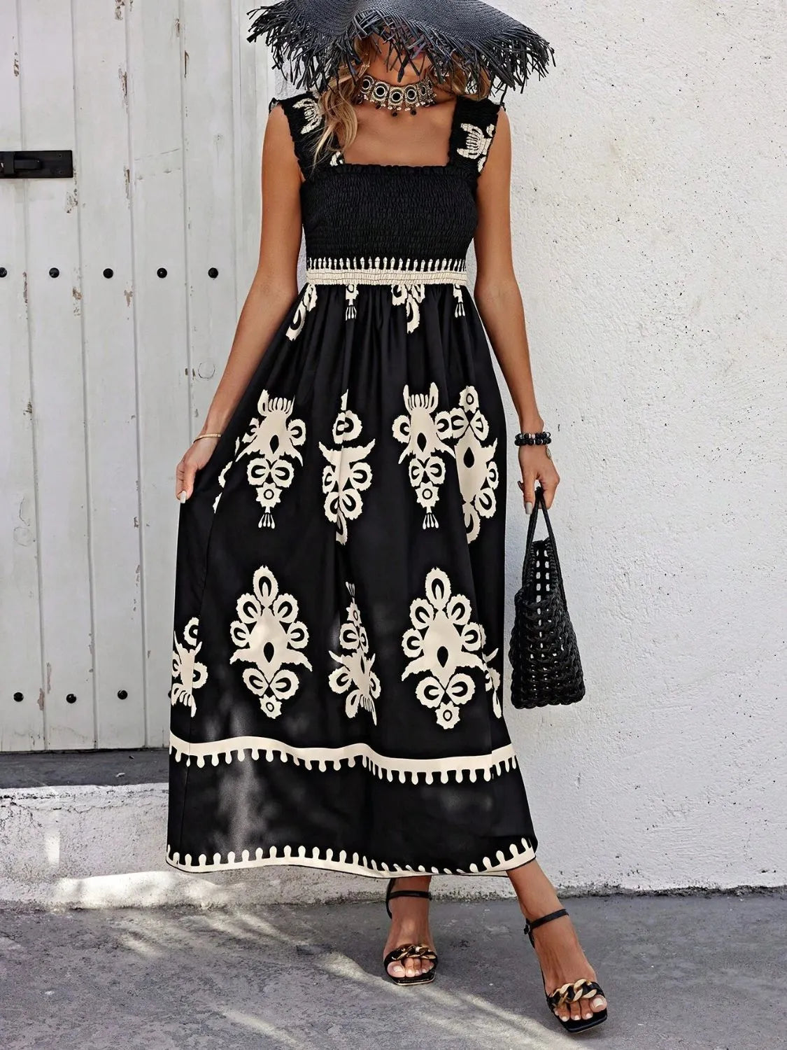 Smocked Printed Wide Strap Maxi Dress - kinko