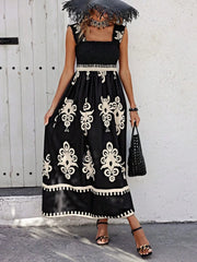Smocked Printed Wide Strap Maxi Dress - kinko