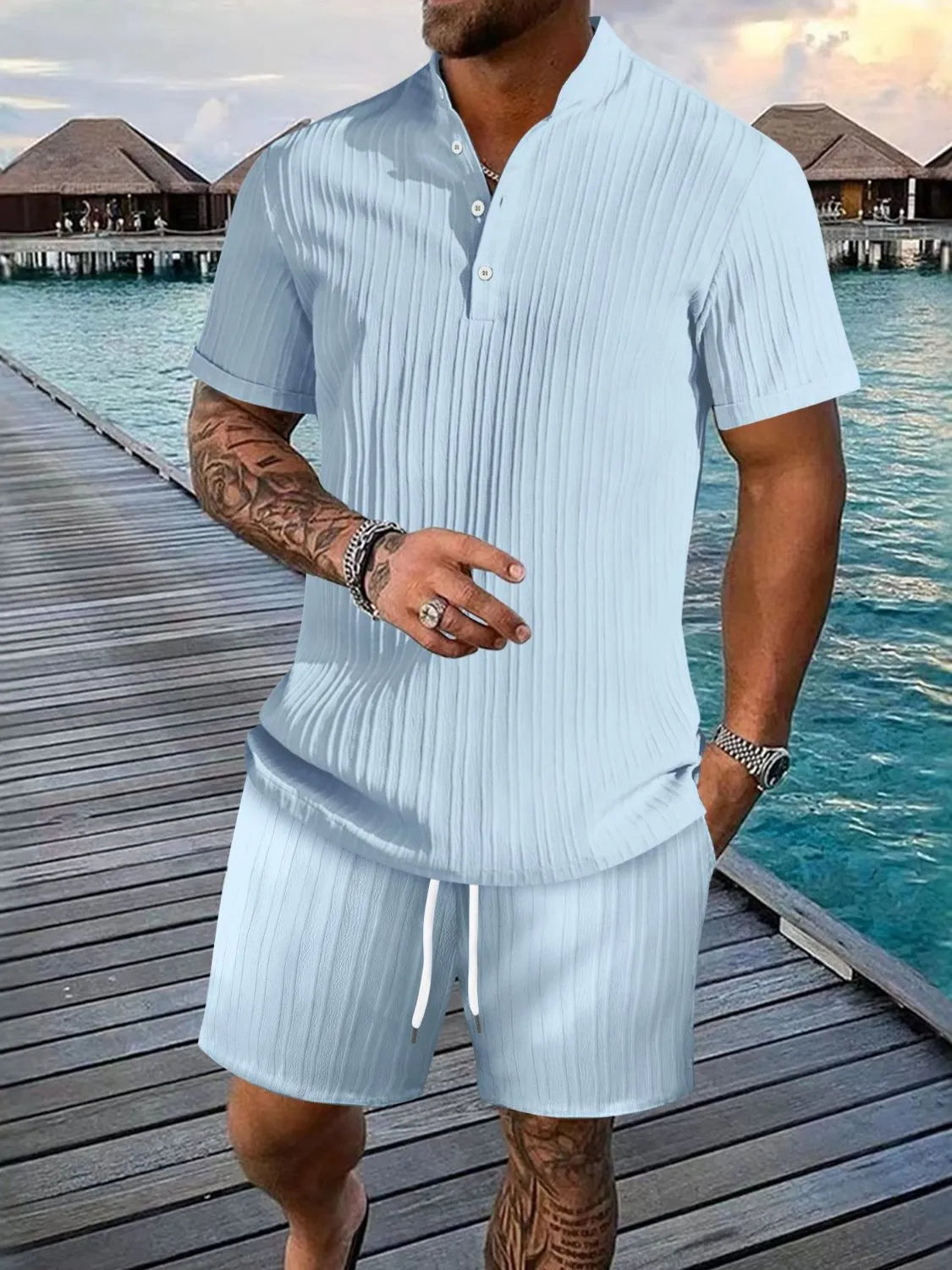 Men's Full Size Button Detail Short Sleeve Top and Shorts Set Plus Size - kinko