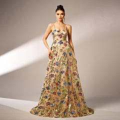 Elegant Sleeveless Sequined Suspender Evening Dress - kinko