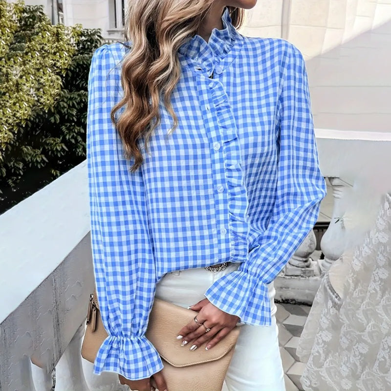 Women's French Style Checkered Button-Up Shirt - Elegant Plaid Pattern, Stand Collar With Ruffled Cuffs, Comfortable Wear - kinko