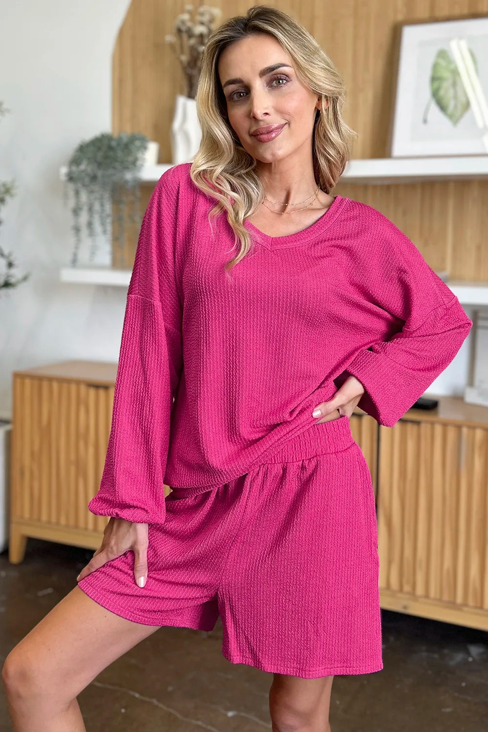 Double Take Full Size Texture V-Neck Long Sleeve T-Shirt and Shorts Set - kinko