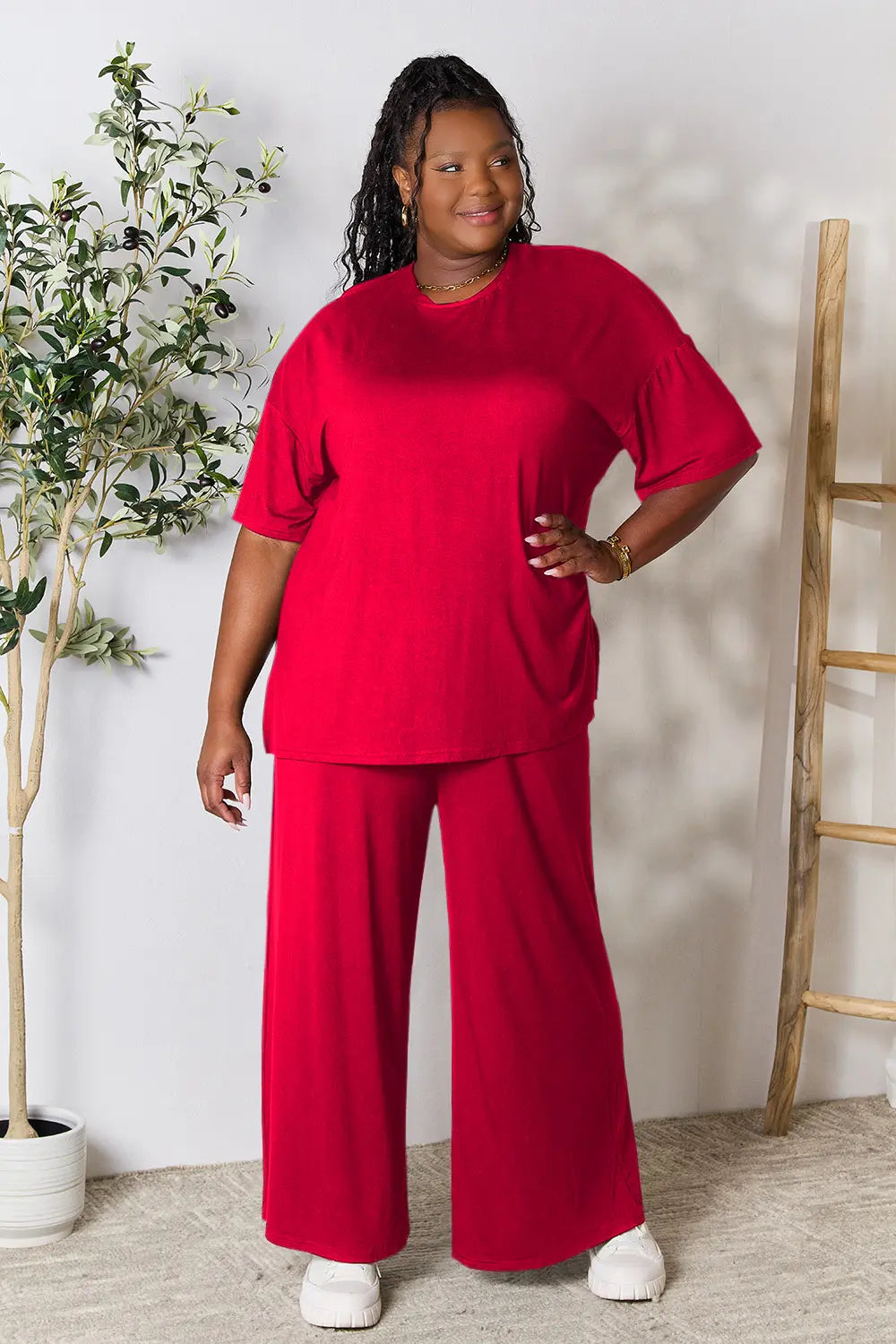 Double Take Full Size Round Neck Slit Top and Pants Set - kinko