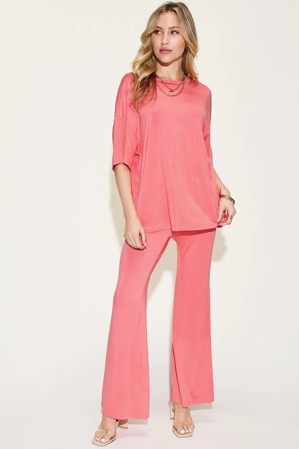 Basic Bae Full Size Bamboo Drop Shoulder T-Shirt and Flare Pants Set - kinko