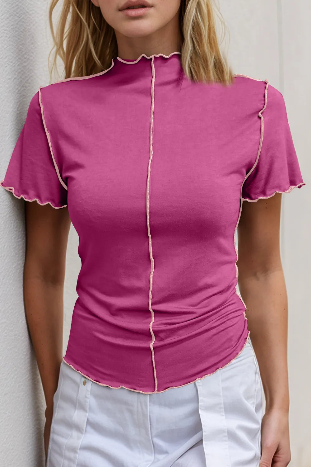 Basic Bae Contrast Trim Mock Neck Short Sleeve T-Shirt - kinko