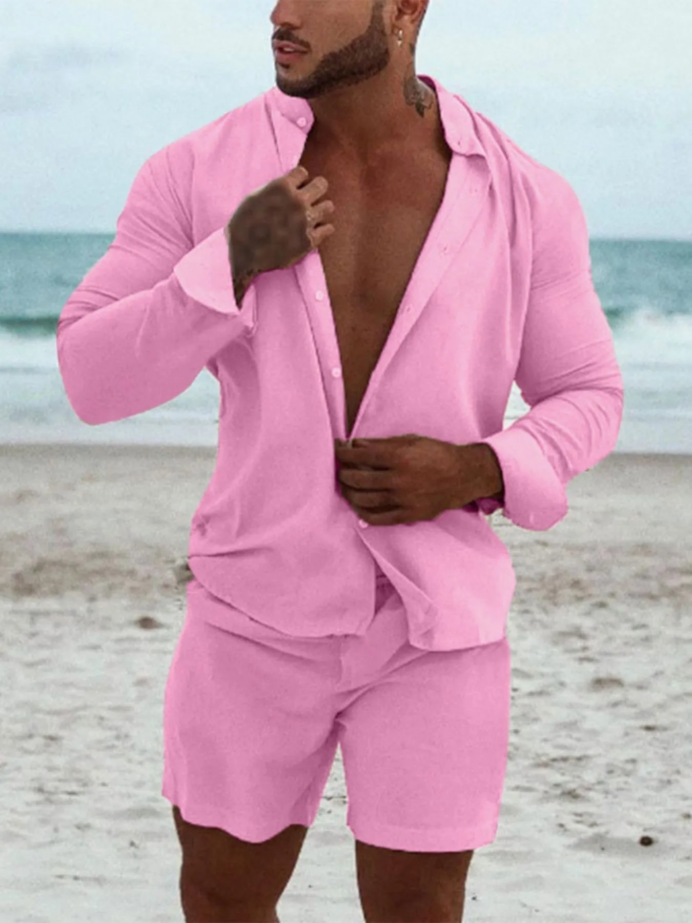 Men's Full Size Button Up Long Sleeve Shirt and Shorts Set Plus Size - kinko