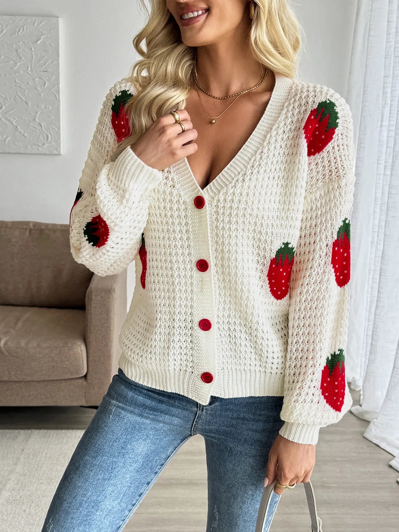 Strawberry Pattern V-Neck Button-Up Cardigan - kinko