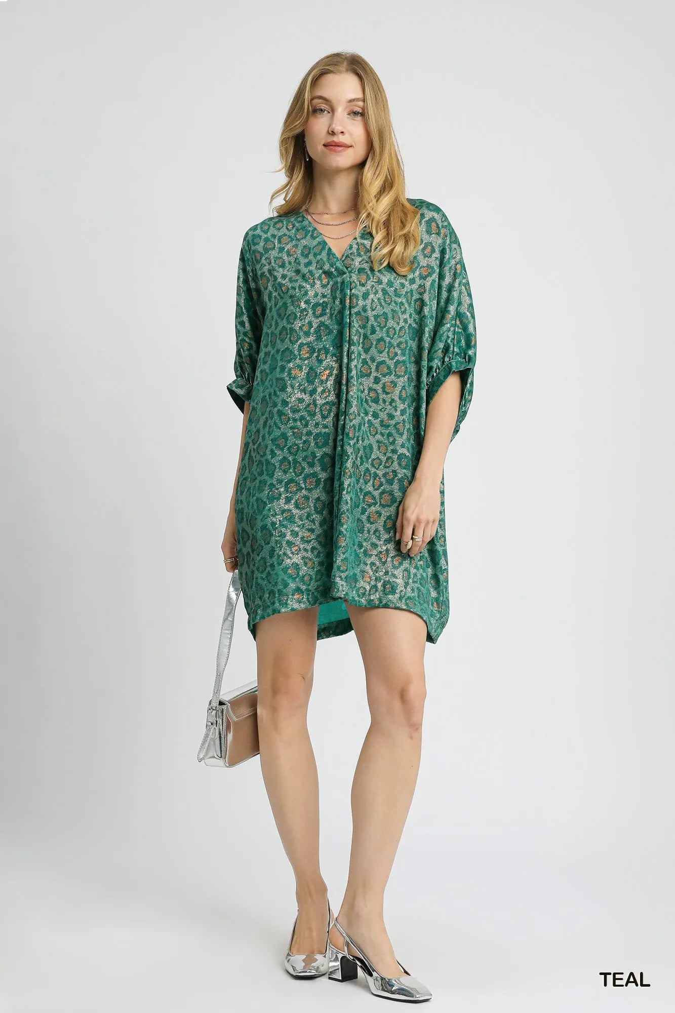 Umgee Metallic Leopard Print V-Neck Kimono Dress - kinko