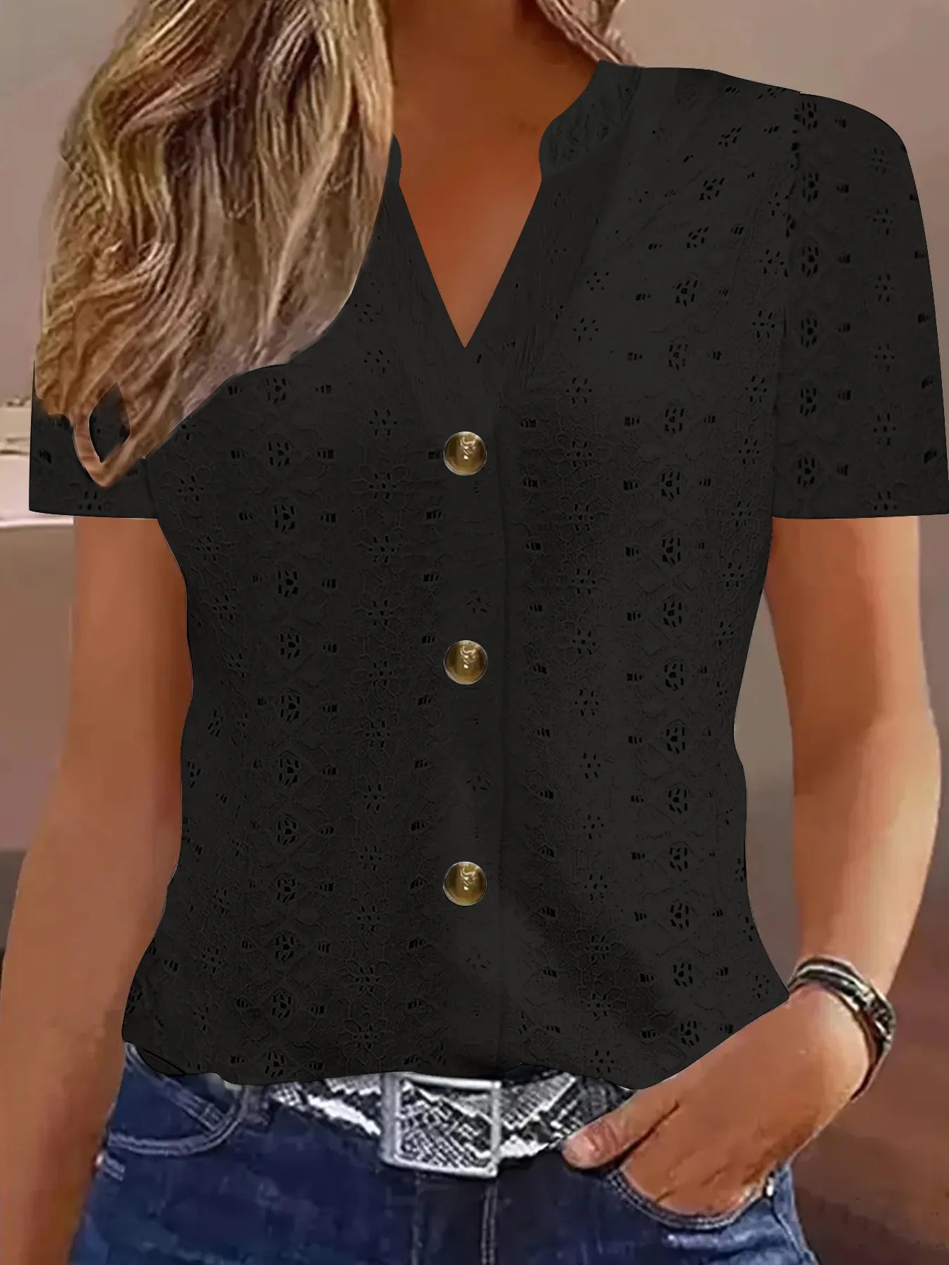 Openwork Notched Short Sleeve Top - kinko