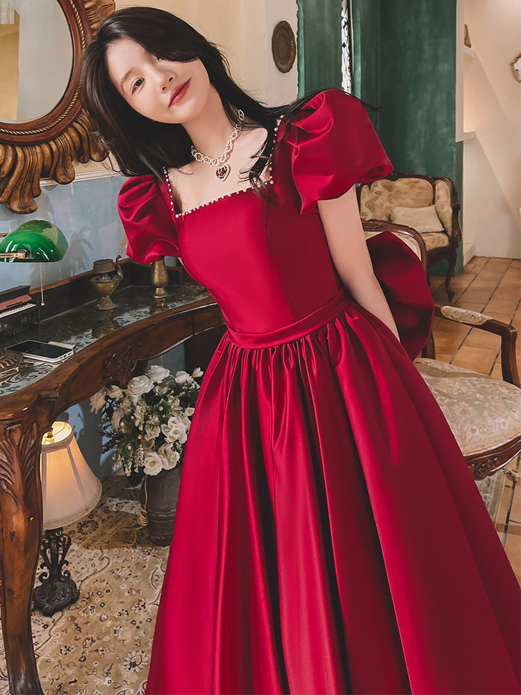 Winter Wine Red Engagement Daily French Princess On The Run Satin Dress - kinko
